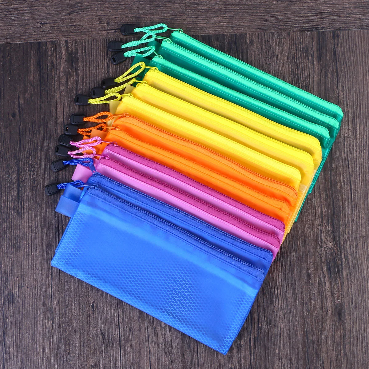 12pcs Portable Office Stationery Bag Mesh Zipper File Bag PVC Waterproof Pencil Bag Office School Supplies (Random Color)