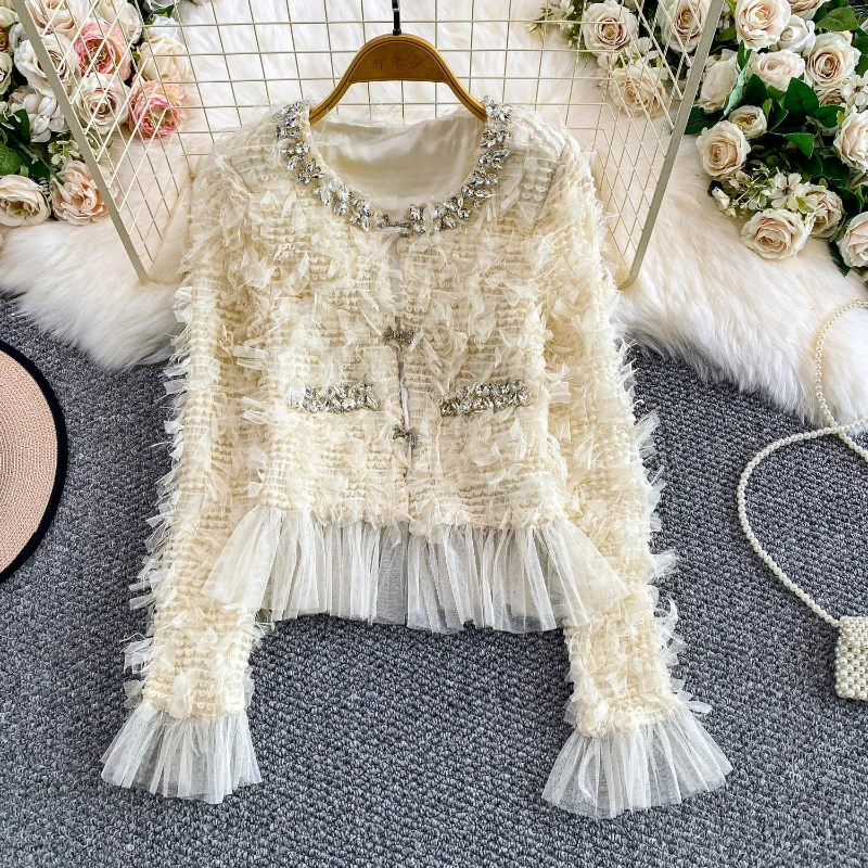

Small fragrant style heavy industry's diamond studded long sleeved three-dimensional tassel coat women's autumn slim fit top