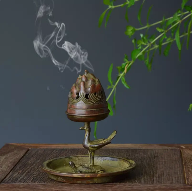 Антикварная фиолетовая медная винтажная маленькая курильница, журавль-черепаха, янньская медная печь, креативное украшение для дома