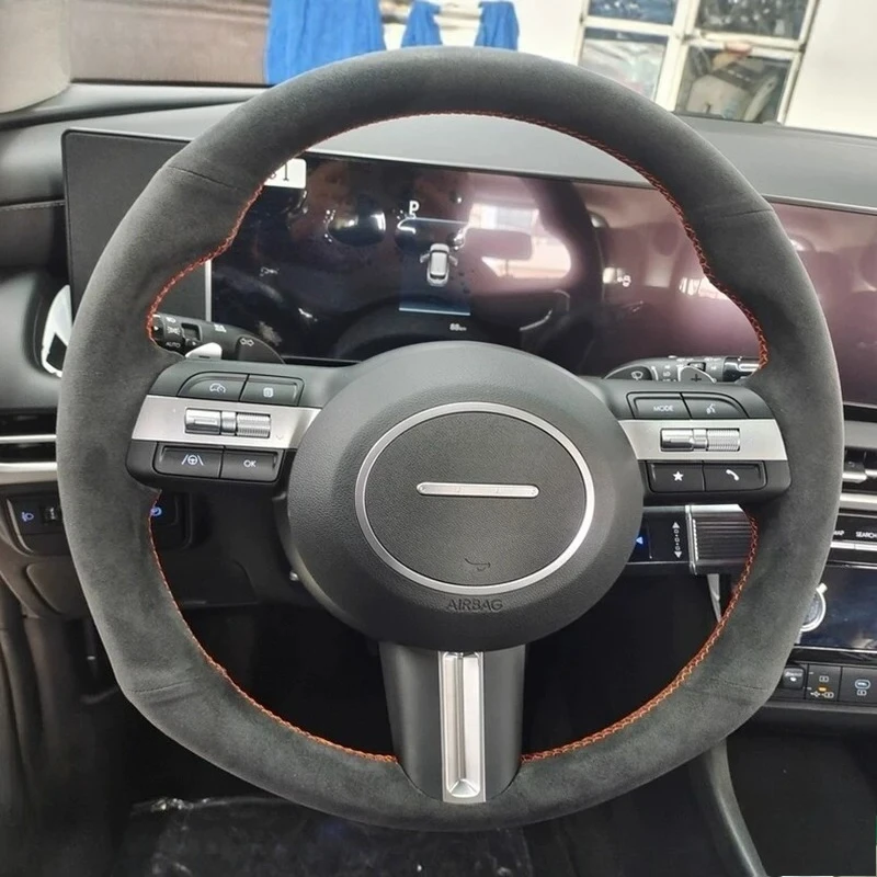 For Hyundai 11th Sonata 2024-2025 Hand-Stitched Non-Slip Orange line Suede Car Steering Wheel Cover