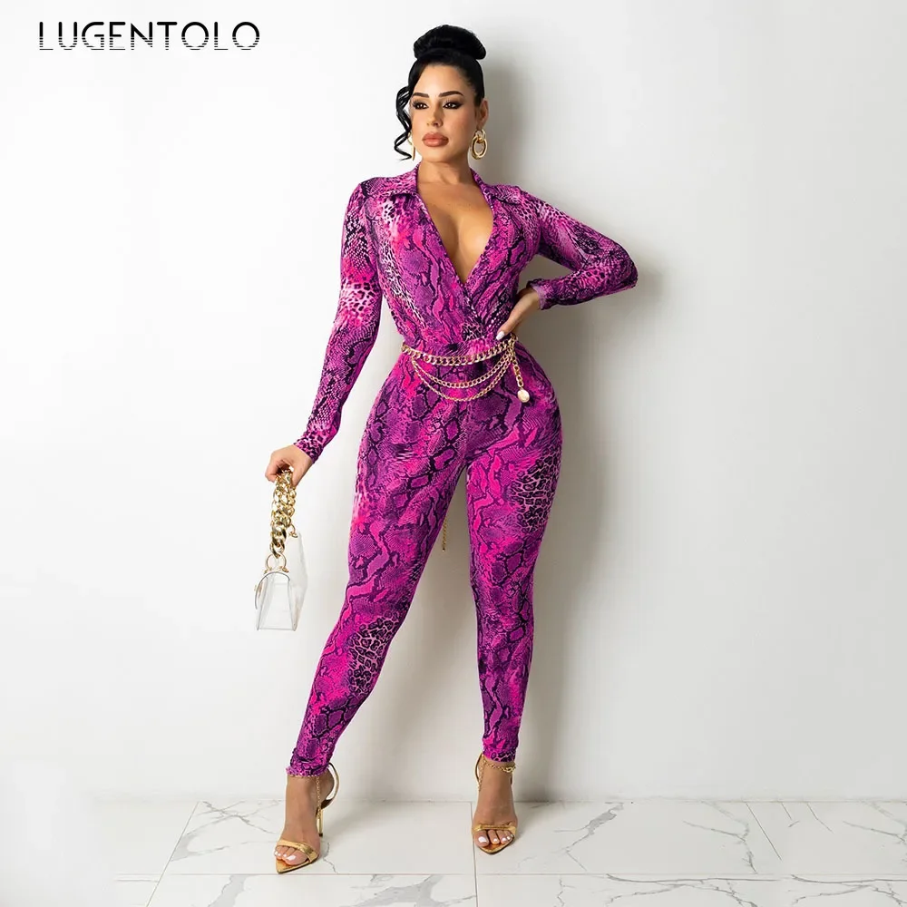 Women Fashion Jumpsuits Sexy Snake Print Lapels Deep V Long Sleeves High Waist Leggings Vintage Slim Fit Club Street Clothing