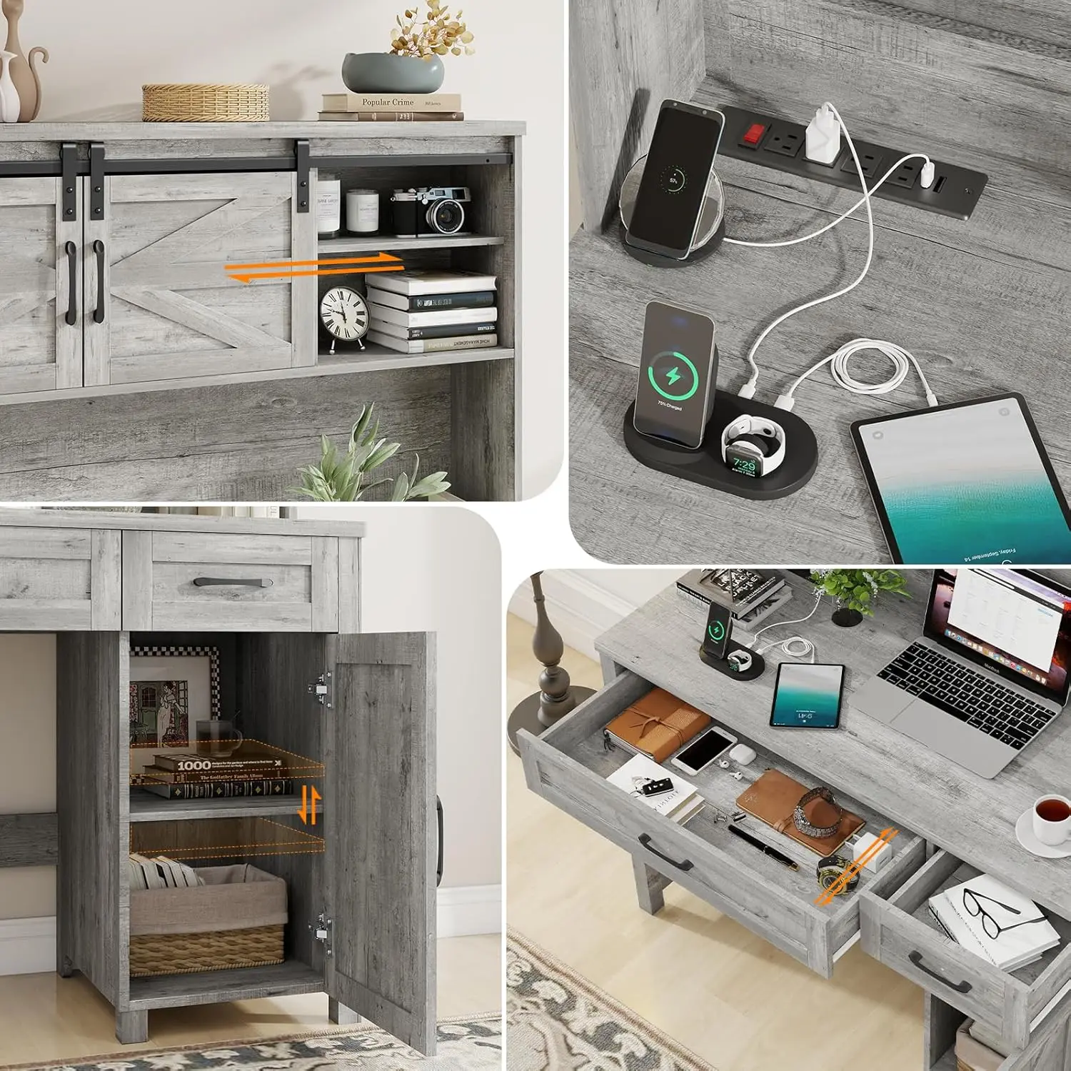 مكتب تنفيذي Farmhouse 47، مكتب كمبيوتر مزود بأدراج وخزانة، مساحة عمل للمكتب المنزلي مع محطة شحن (رمادي) #5