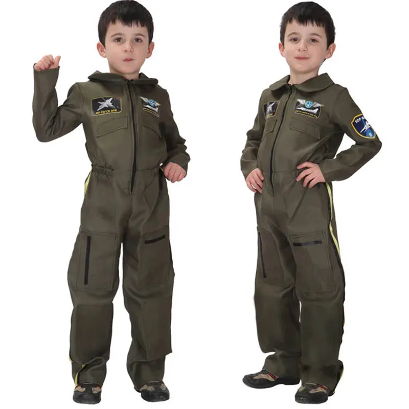 Kids Flight Pilot Costume Boys Air Force Girls Costumes Cosplay Uniform Children Halloween ArmyGreen Soldier Cosplay