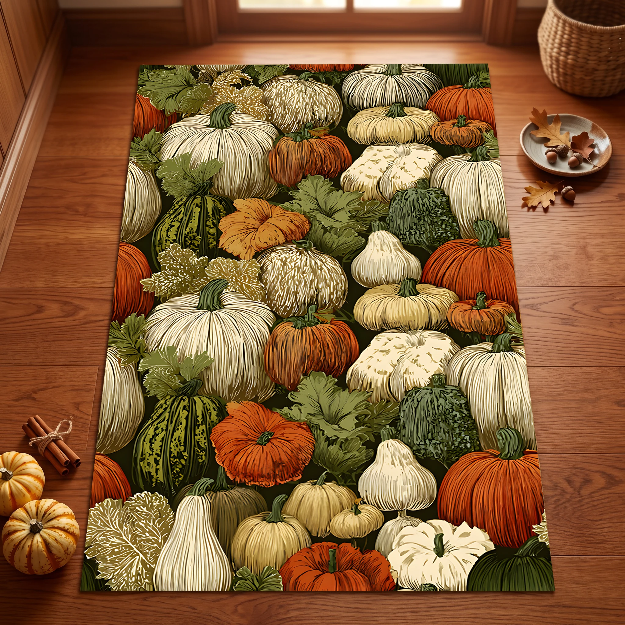 A Colorful Pumpkin Print American Country-Style Velvet Rug Suitable for Autumn and Winter, Perfect for Living Room, Bedroom, and Entryway, Creating a Warm Autumn Harvest Atmosphere