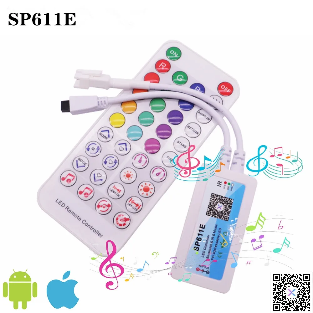 

WS2811 WS2812B SP611E Контроллер Музыкальное приложение Bluetooth IR38 Клавиши Встроенный микрофон для WS2812 Адресная светодиодная лента DC5V-24V