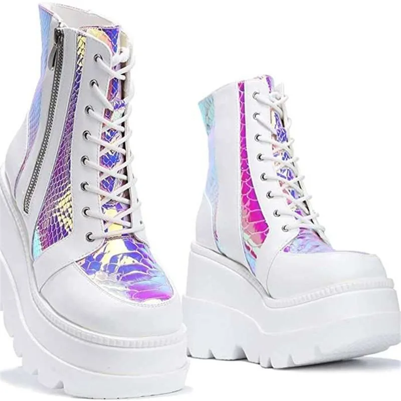 Women's Pink Holographic Platform Ankle Boots Fashion Gothic Wedge Heel Lace Up Side Zipper Punk Combat Boots Botas Para Mujer view 2