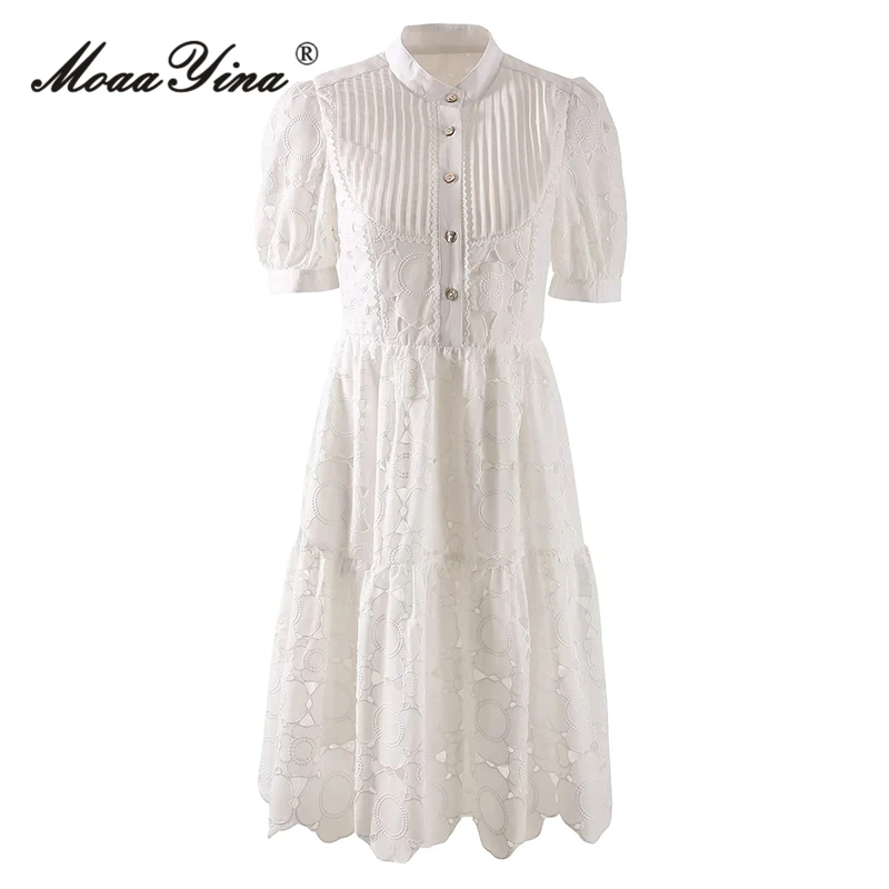 

MoaaYina Summer Fashion Designer White Vintage Party Dress Women's Stand Collar Ruched Button Hollow Out Embroidery Midi Dress