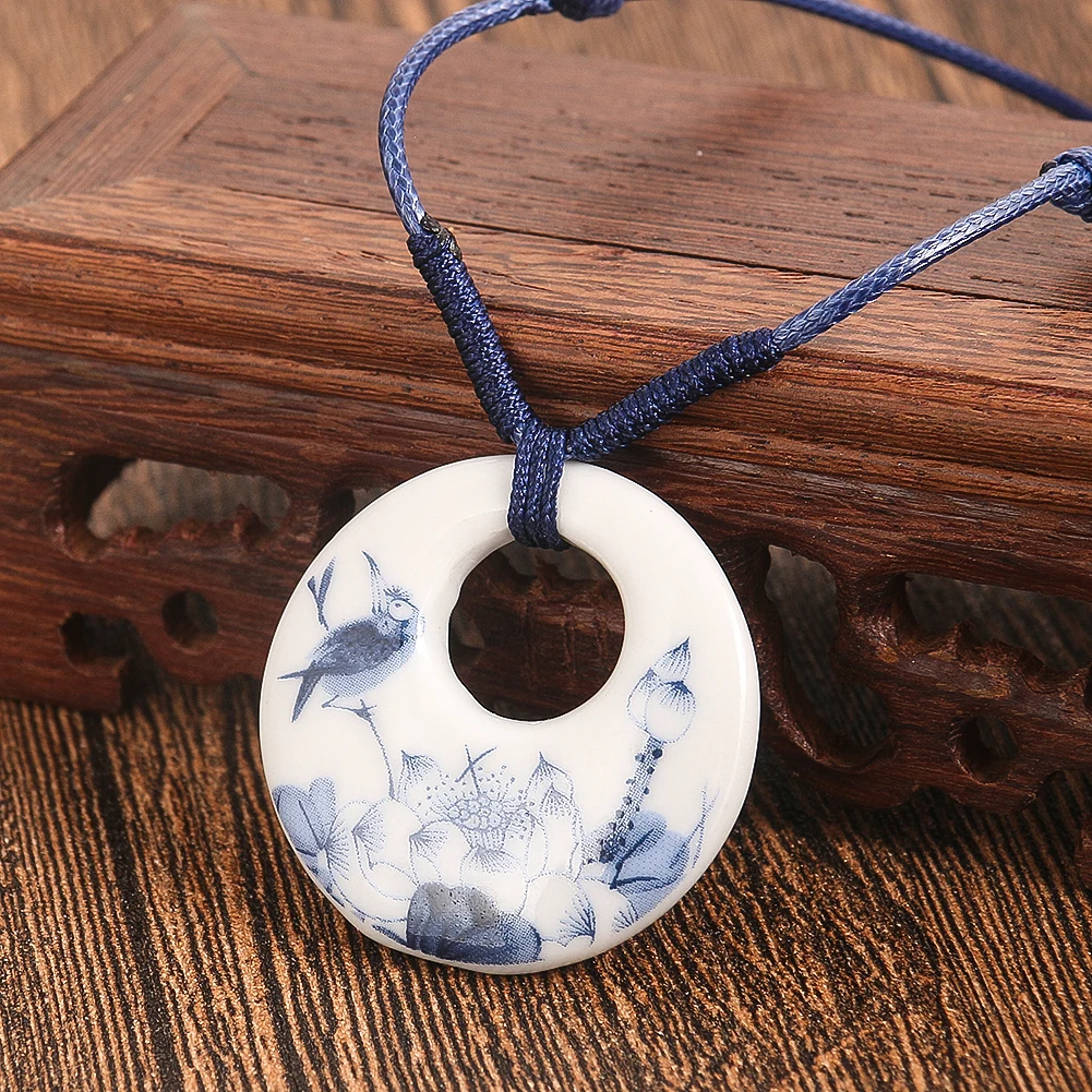 Chinese Blue and White Round Porcelain Ceramic Pendant Necklace for Women Butterfly Flower Lucky Charms Handmade Ethnic Jewelry