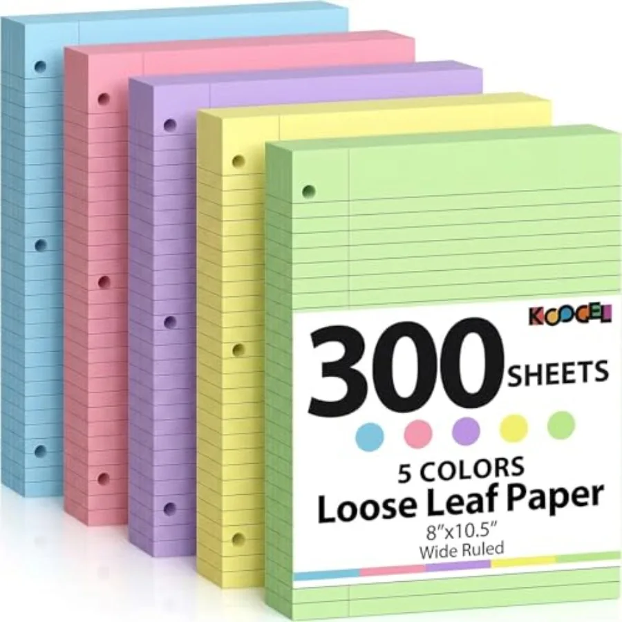 

Wide Ruled Loose Leaf Paper, 8 x 10.5 Inch Filler Notebook Lined Paper, 5 Color, 3 Hole Punch Lined Writing Notebook for 3 Ring