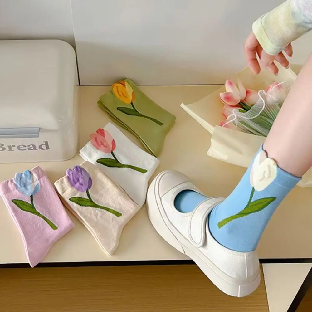 5Pairs Soft Thin Tulip Flower Socks Breathable Sweet Mid Tube Socks Female Hosiery Socks for Women Lady