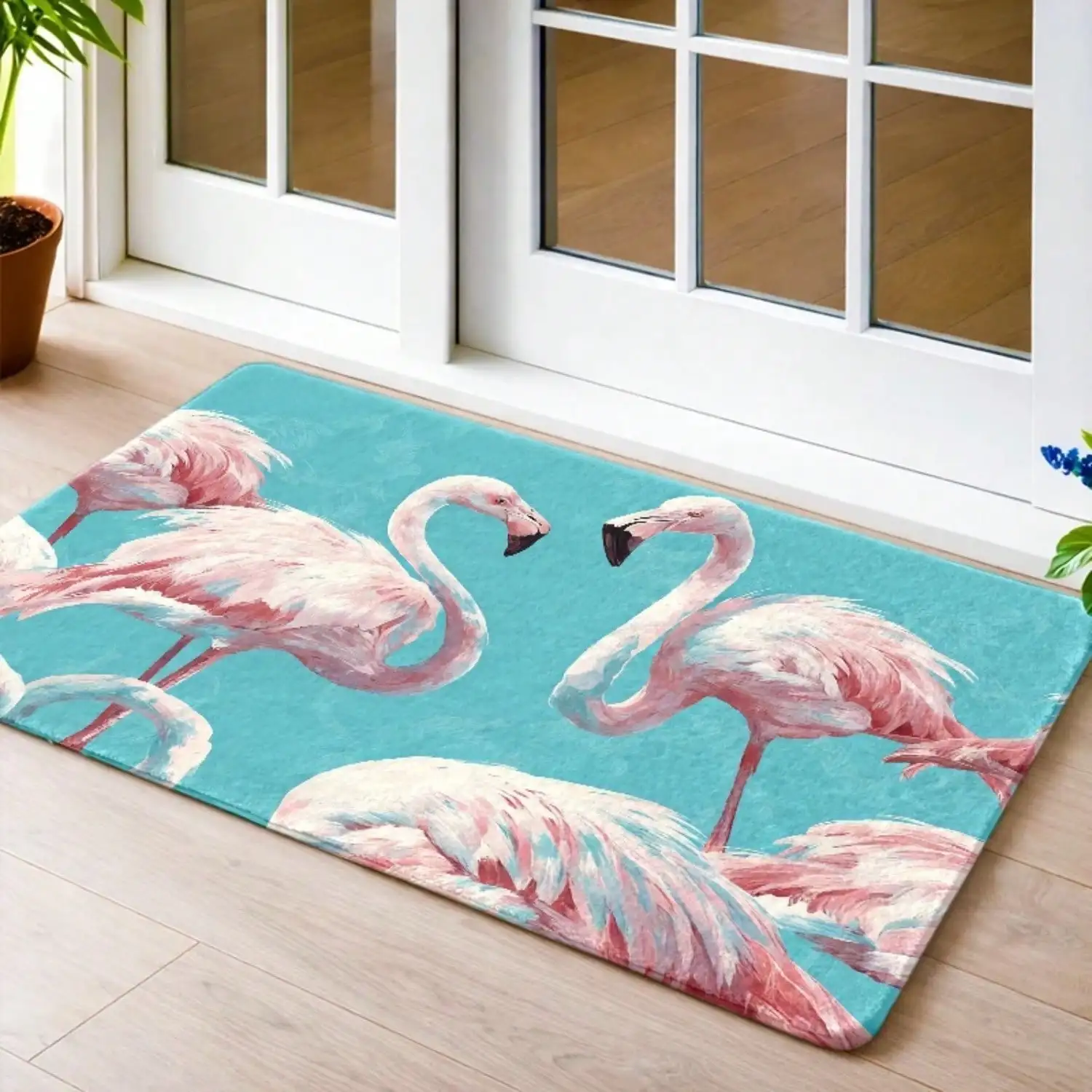 1pc, Flamingo Pattern Flannel Doormat, Non-Slip Rubber Backing, Durable And, Machine Washable, Versatile For Living Room, Bedroom, Office, Indoor, Bathroom