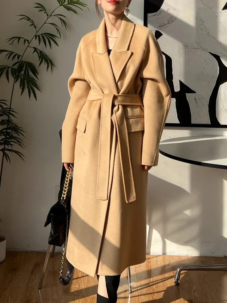 

New Winter Women Wool Cashmere Long Coat Casual Loose Lace-up Double-sided Woolen Lapel Long Sleeve Tweed Jacket Female Autumn