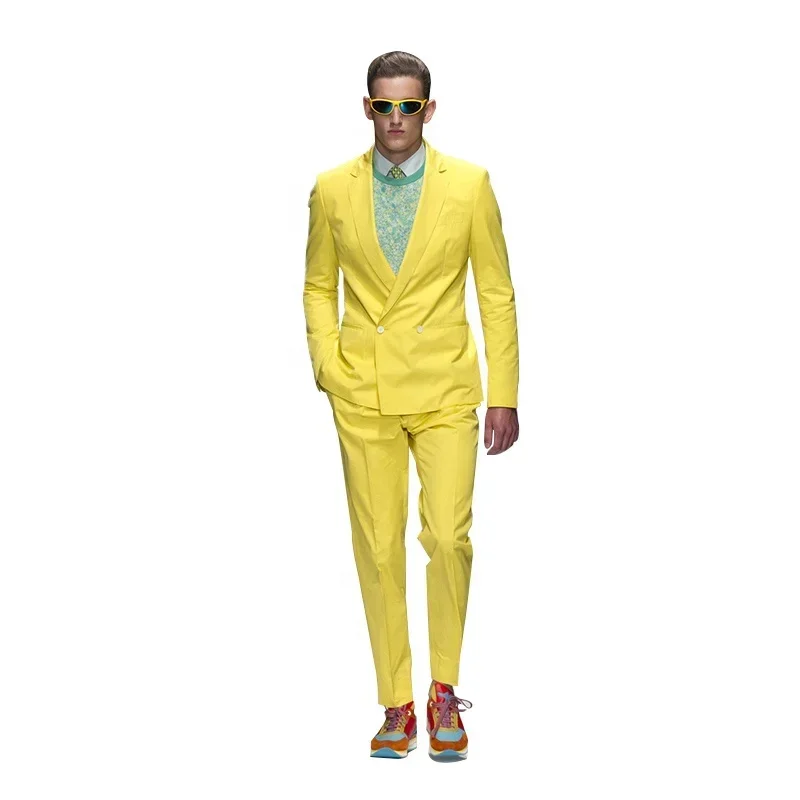 2024 Fashion Yellow Men Suits High Street Double Breasted Slim Fit Blazer Hombre Casual High Quality Custom 2 Set Costume Homme