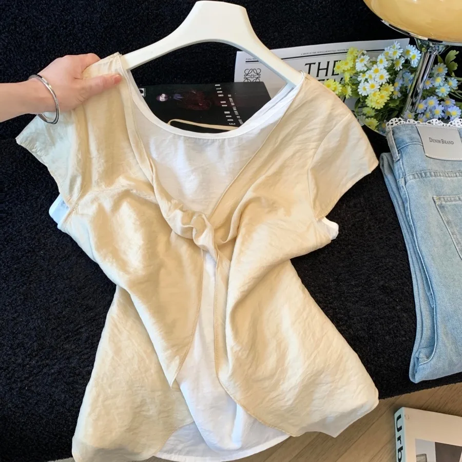 

High-End Short-Sleeved Women's Shirt with Cross Knot Design Casual Loose Fit Breathable Summer New Style Single-Piece Top