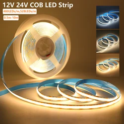 12V 24V COB LED Strip 8mm PCB Width High Density 480 528LEDs/m Flexible LED Ribbon COB Tape Natural Warm White Light 0.5m-10m