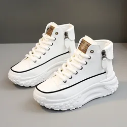 Women Sneakers Thick Sole Heightening Walking Shoes for Women Pu Leather High Top Women Boots White Lace Up Vulcanized Shoes