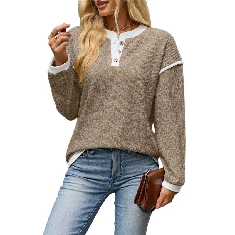 Women's Contrast Henley Button Loose Long Sleeve Sweatshirt Brown S Eco-Friendly
