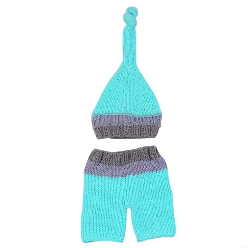 U50F Lovely Babe Born Accesorios Picture Outfits Crochet Long Tail Hat Shorts Boy / Girl Costume Hat Pants Set Blue+ Gray