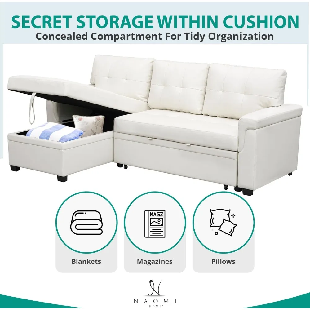 أريكة منزلية قابلة للعكس على شكل حرف L، مع سرير نوم قابل للسحب وكرسي تخزين، جلد هوائي أبيض #5