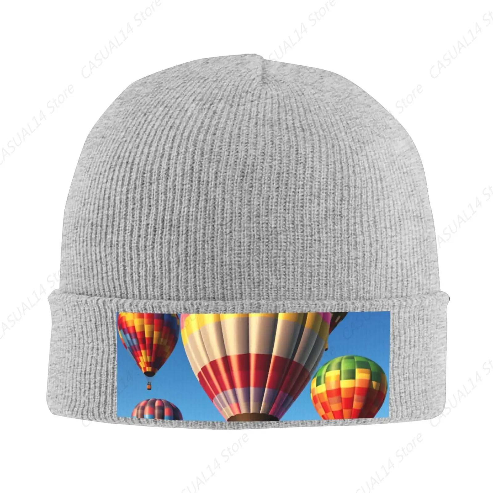 Hot Air Balloons Print Knit Beanie For Women Men Casual Knit Hat Winter Knit Cuffed Beanie Soft Hat Gray