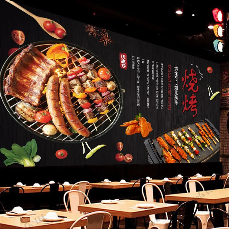 Custom Barbecue Kebab Skewers Mural Industrial Decor Wallpaper Restaurant Snack Bar Background Wall Paper Papel De Parede 3d