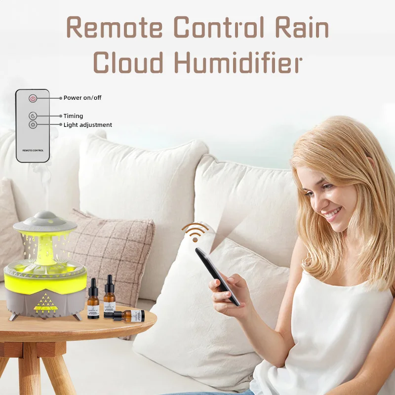 UFO Shaped Mute Rain Cloud Humidifier Raindrop Essential Oil Diffuser Aromatherapy With Remote 7 Color LED Humidifier Large Room