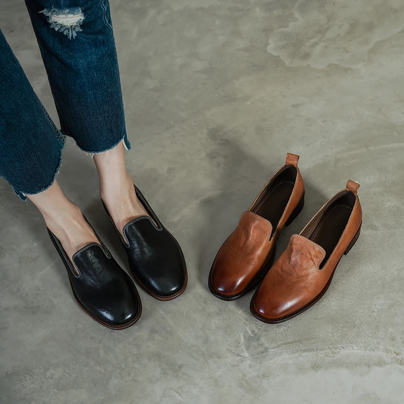 2026 new spring summer women pumps natural leather 22-25cm cowhide sheepskin+pigskin round toe low heel loafers women shoes