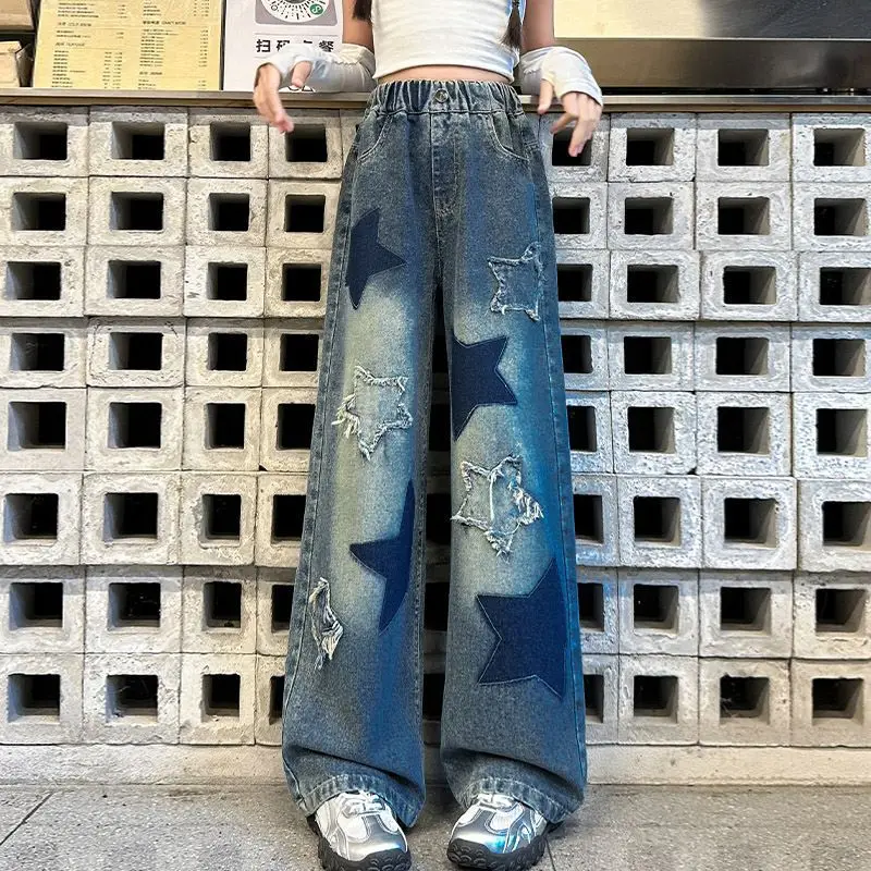 Spring Autumn New Girls Jeans Pants Patch Five-Pointed Star Print Wide-Leg Pants For 5-14 Years Teen Girls Fashion Trousers