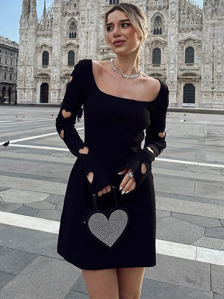 

Trendix Heart Long Sleeve Mini Dress For Women's 2025 High Waist Slim Fashion Square Neck Dresses Black Elegant Knit Rib Dress