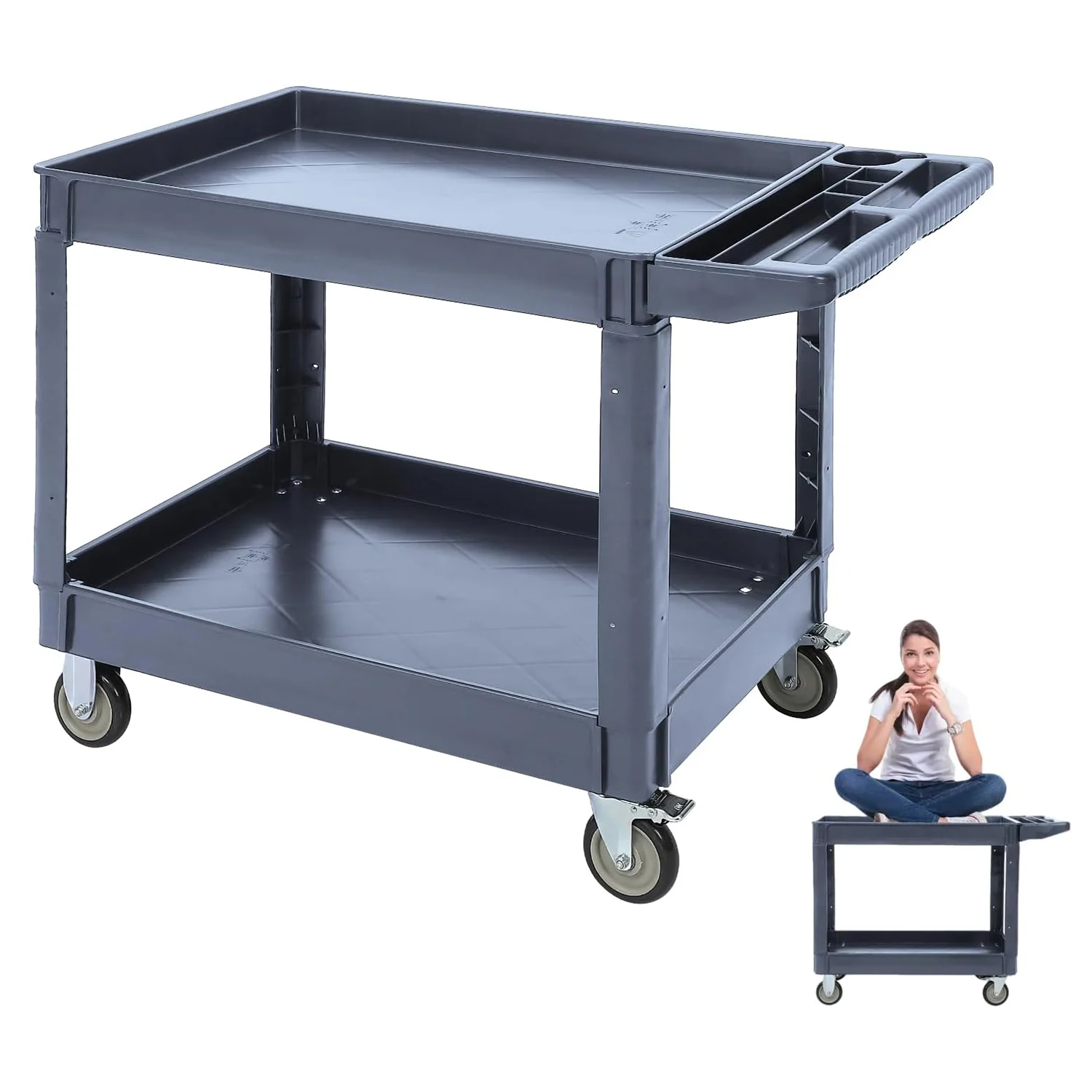 

Plastic Service Cart 2 Tiers Utility Service Carts with Wheels Rolling Work Cart On Wheels 360° Rotatable, Ergonomic Handle