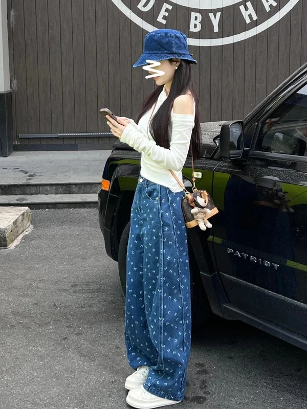 

Синие широкие джинсы с высокой талией и цветочным принтом, женские свободные драпированные брюки длиной до пола, весенние новые повседневные свободные брюки