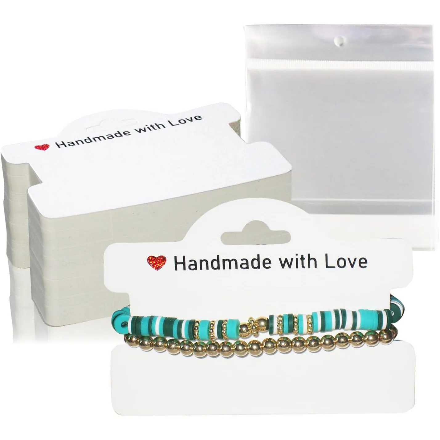 

20sets 9.7x8cm Handmade Jewelry Display Kit Elegant Clear Bags and Handmade with Love Card for Jewelry Display Business Packages