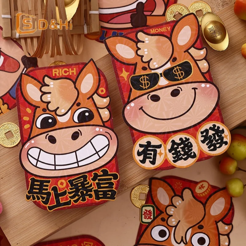 6PCS/pack Paper 2026 Horse Year Red Envelope New Year Wedding Kids Gift Cartoon Pony Pattern Lucky Money Envelopes Red Packets