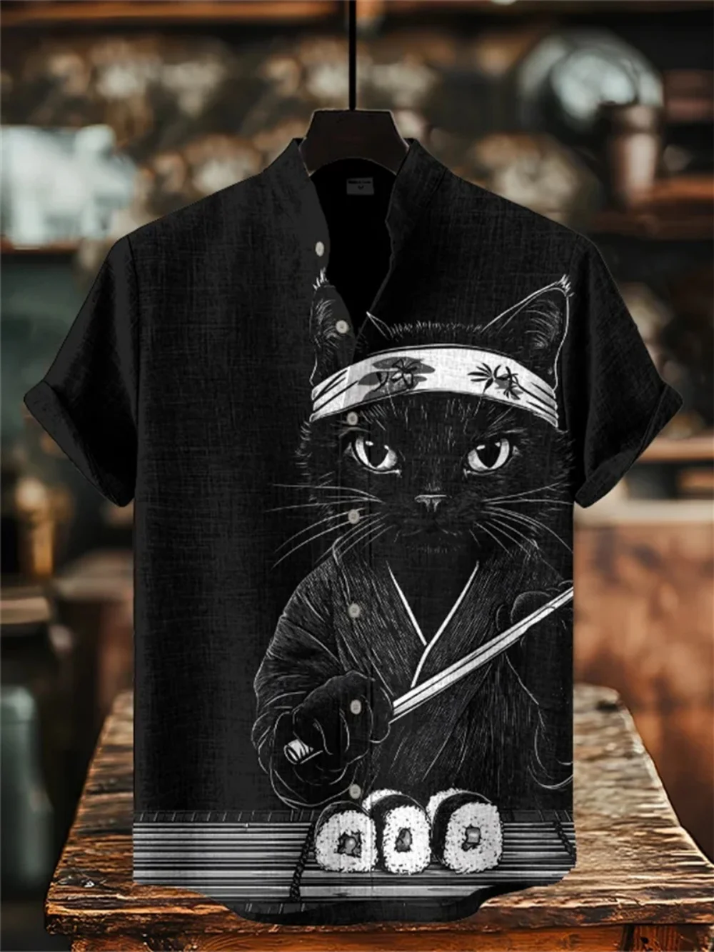 Summer Men's Fashionable Stand up Collar Short Sleeve Linen Shirt Creative Printed Outdoor Street Casual Breathable Shirt