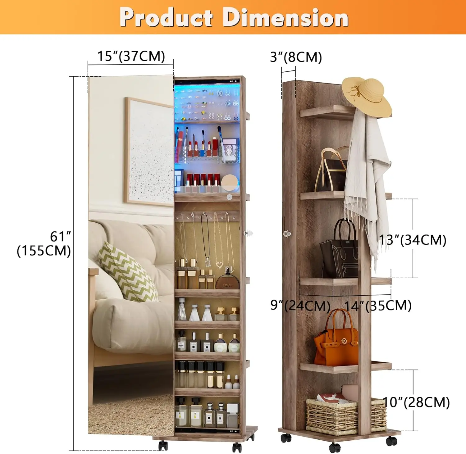 360° Rotating 63''LED Jewelry Armoire, Full Length Mirror with Jewelry Storage Rear Storage Shelves