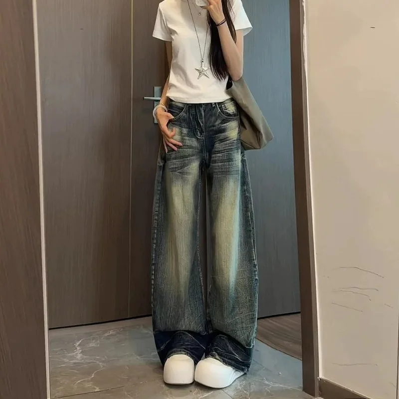 2026 Summer Women's Retro Blue Wide-leg Scimitar Jeans Female High-waisted Meat-covering and Thin Floor-mopping Trousers