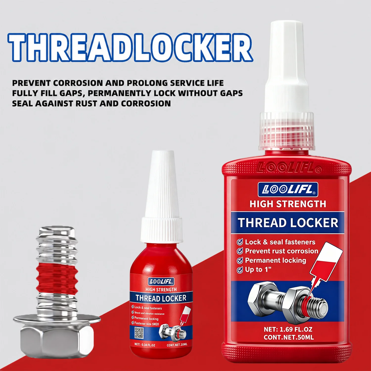 LOOLIFL 271 Red Thread Locker High Strength Removable Screw Lock Glue, Anti-Vibration Anti-Rust Sealant Metal Fasteners Bolts