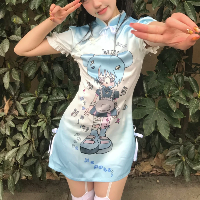 

2024 Neo Chinese Style Women Stand Neck Dress Y2k Aesthetic Sweet Print Streetwear Dresses Summer Grunge Bow Harajuku Vestitos