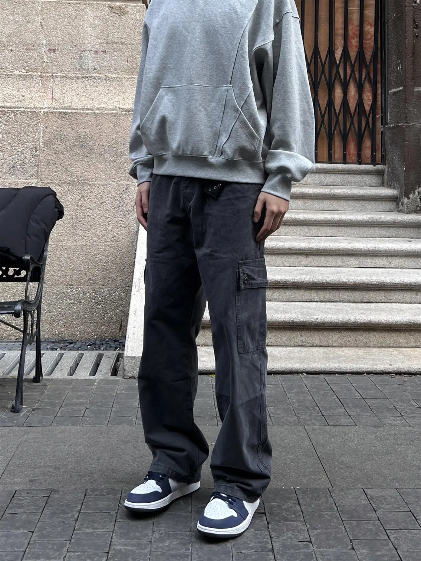 

American High Street Mud Dye Grey Loose Canvas Pocket Work Pants Men Versatile Straight Leg Slimming Logging Long Trousers Tr...