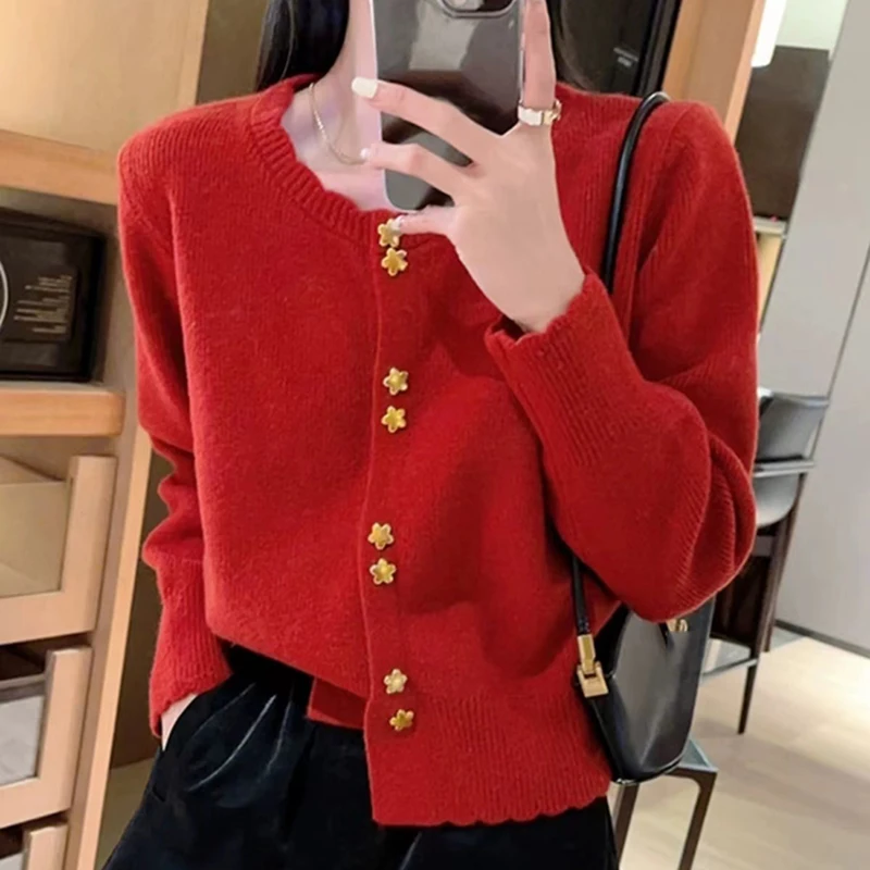 HELIAR Women Buttons Up Cardigan O-Neck Long Sleeve Elegant Office Sweater Coat Ruffles Knitted Warm Short Sweater Fall Winter