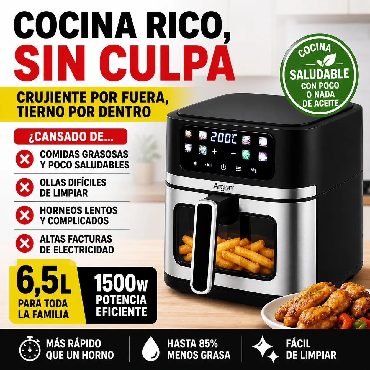 Freidora de Aire Argon 6,5L 1500W de Metal con Pantalla Táctil Digital, 8 Programas, Tecnología de Aire Caliente 360 y Cesta Antiadherente