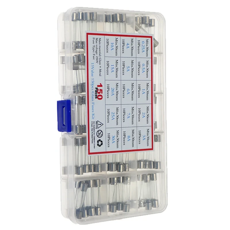 150Pcs 15Value 6x30mm Fast-blow Glass Fuse Assorted Kit 0.25A- 30A
