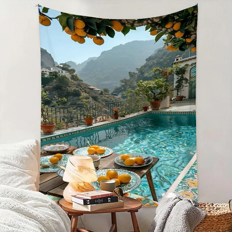 1PC Italian Pool Lemon Art Print Backdrop Banner, Bedroom Living Room Photo Background, Polyester, Home Decor, Wall Art