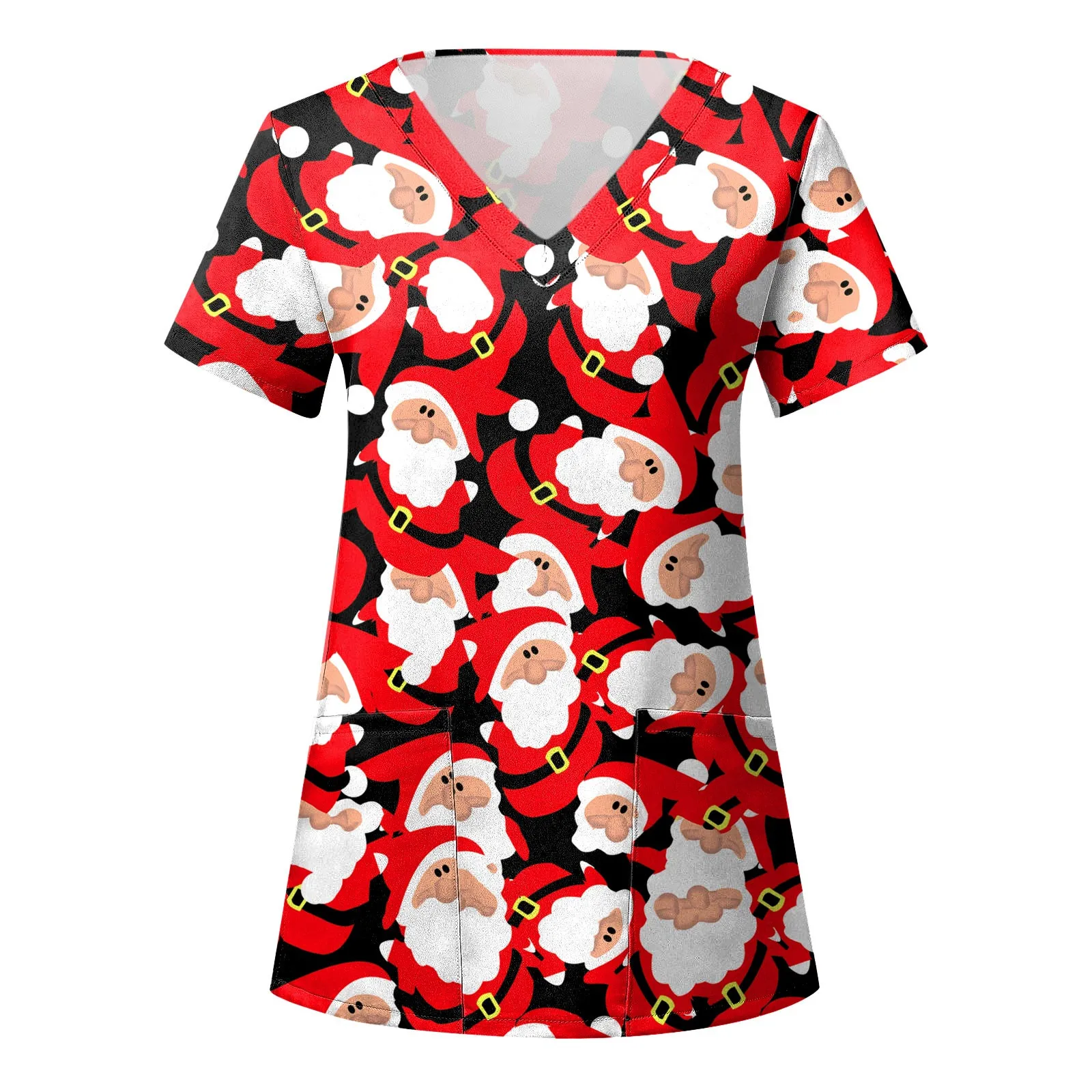 Uniforme de enfermera de Navidad para mujer, Top con estampado de Papá Noel, camisas de manga corta con bolsillos, ropa de trabajo para el cuidado de la salud