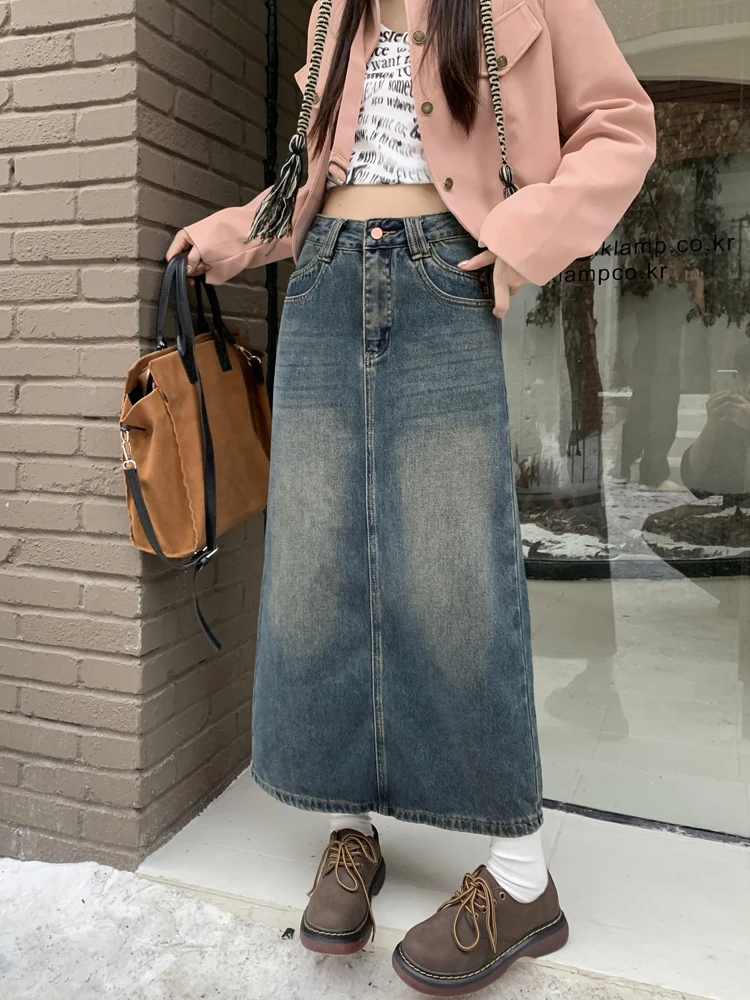 NYFS 2024 Spring Autumn New Woman Skirt Vintage High Waist Denim Split Long Skirt