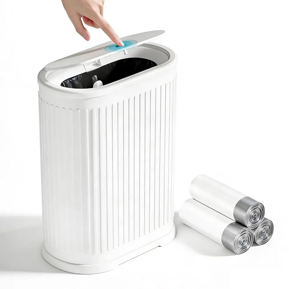 

Мусорное ведро для ванной комнаты объемом 1,8 галлона с крышкой на кнопке, маленькое белое из нержавеющей стали, со съемным внутренним ведром, узкое