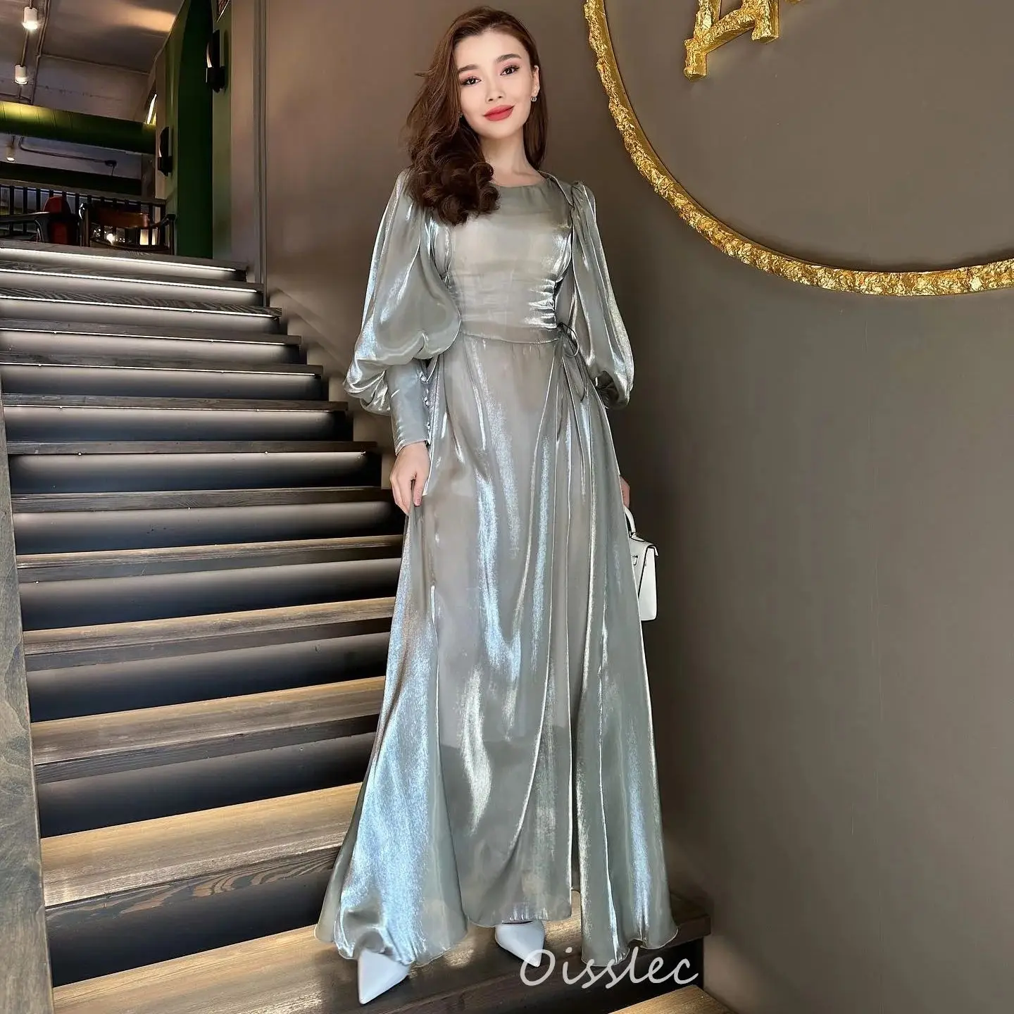 

Oisslec O Neck Prom Dress 2024 Long Sleeve Silk Crease Cocktail Dress Long Formal Evening Party Dress 2024 robes de soirée