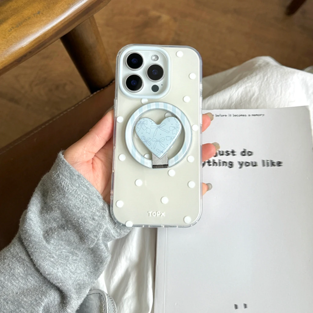 

Simple Circular Dots Bowknot Love Fold With Holder Magnetic Wireless Charging Phone Cover Case for iPhone 16 15 14 13 Pro Max