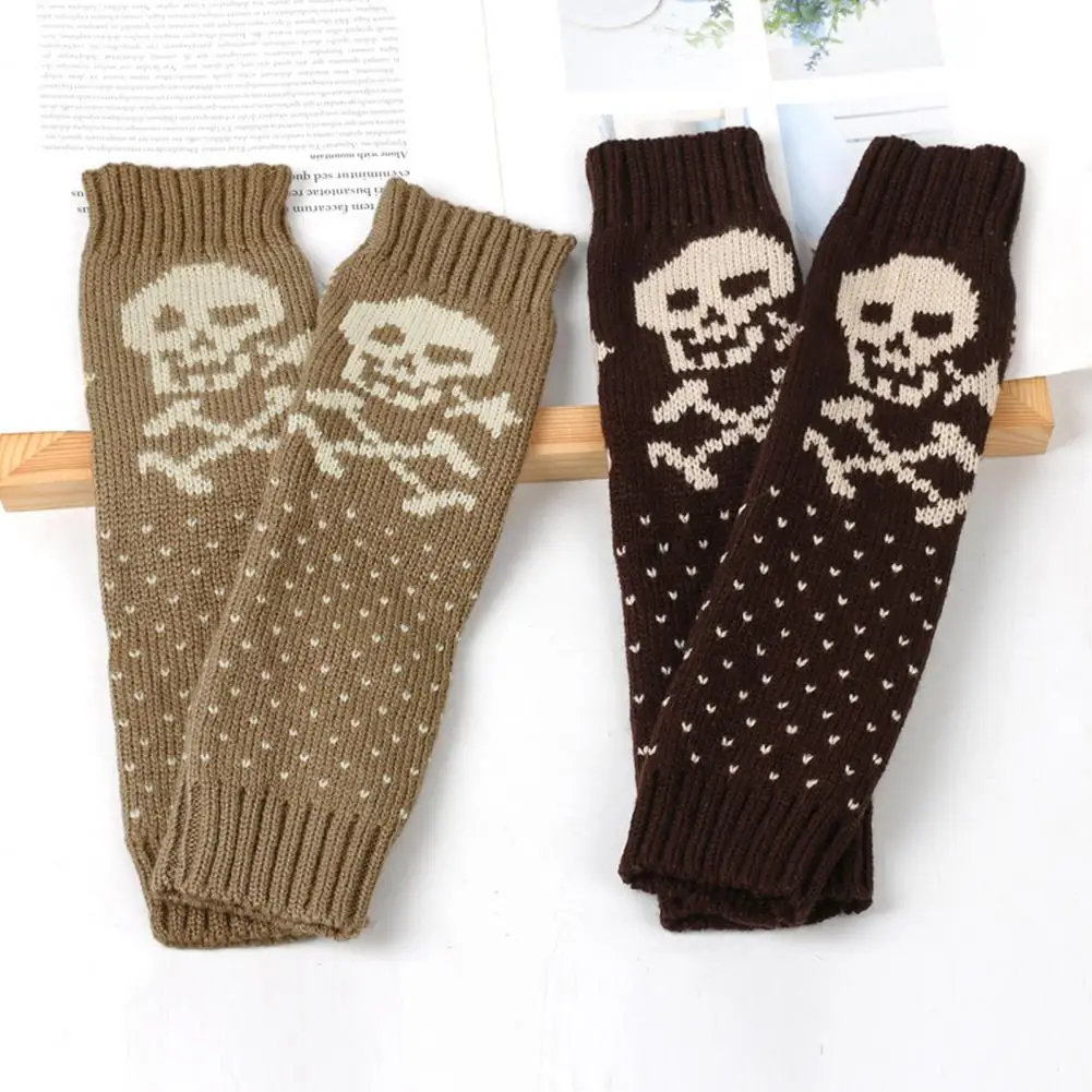 Contrast Color Winter Gloves Skull Print Fingerless Gloves Arm Sleeves Set for Fall Winter High Elasticity Non-slip Windproof