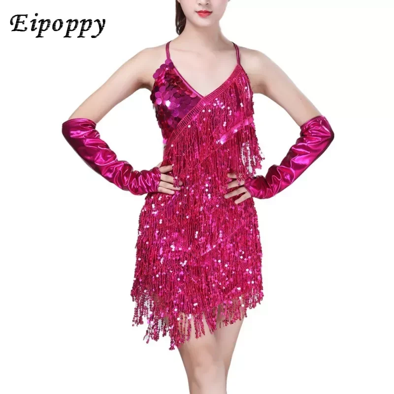 여성용 레이스 라틴 댄스 의상, 섹시한 스팽글 슬링 홀터, 라틴 댄스 원피스 태슬 코스튬, 미니 댄스 원피스